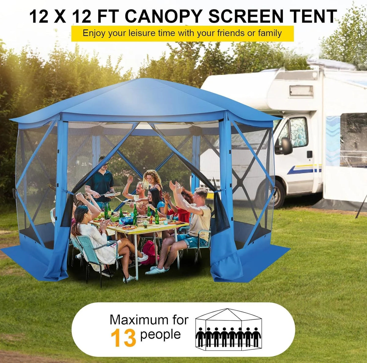 COBIZI 12x12ft Pop-up Gazebo Screen Tent Screen House with sidewalls and Mosquito Netting for Camping, Waterproof, UV Resistant, EZ Set-up Party Canopy with Carrying Bag and Ground Stakes, Brown