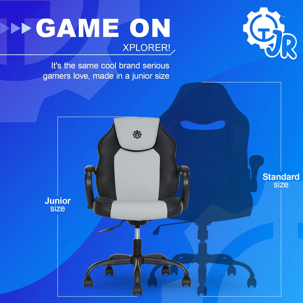 Gamer Gear Jr. Xplorer Gaming and Computer Chair, Kids and Teens Gaming Chair with Padded Arms, Adjustable Height, White and Black