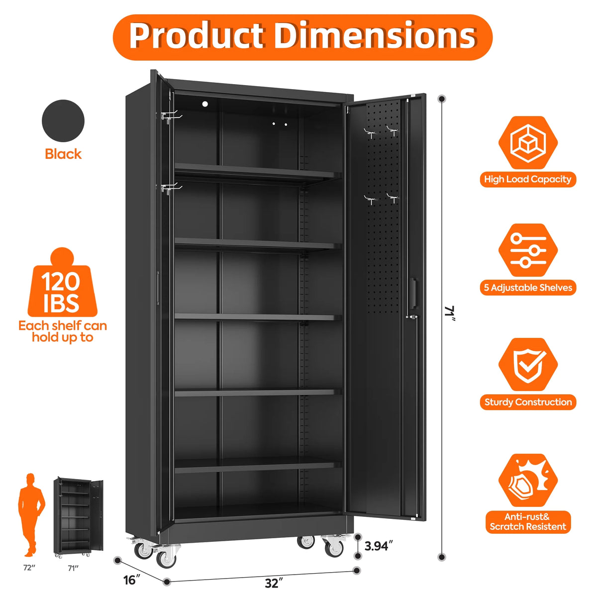 Supeer Locking Storage Cabinet with 5 Adjustable Shelves, Steel, Black, 71" H, Assemble Required