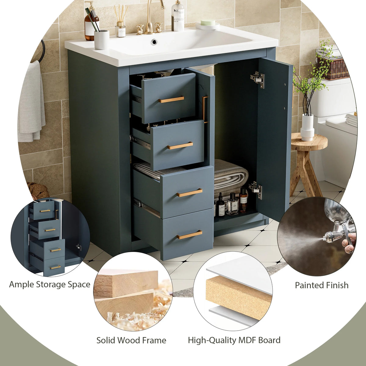 ENSHUI 30-Inch Bathroom Vanity with Ceramic Sink Combo, Solid Wood Frame, 4 Drawers, Soft Closing Doors, Green