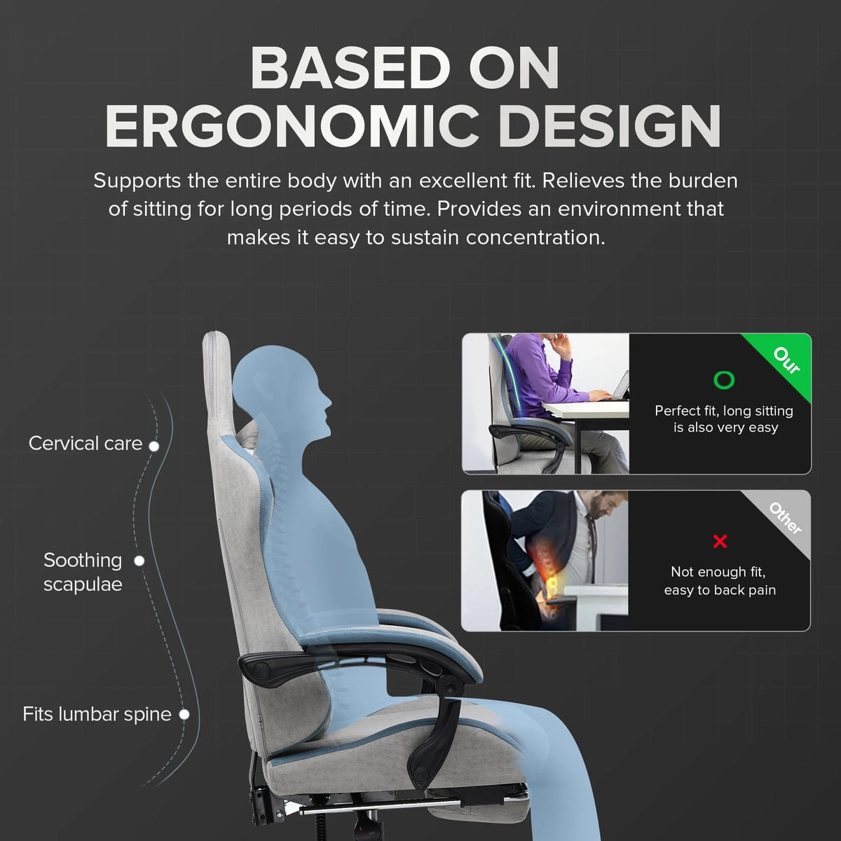 GTRACING Ergonimic Fabric Reclining Gaming Chair with Footrest and Linkage Armrests, Gray