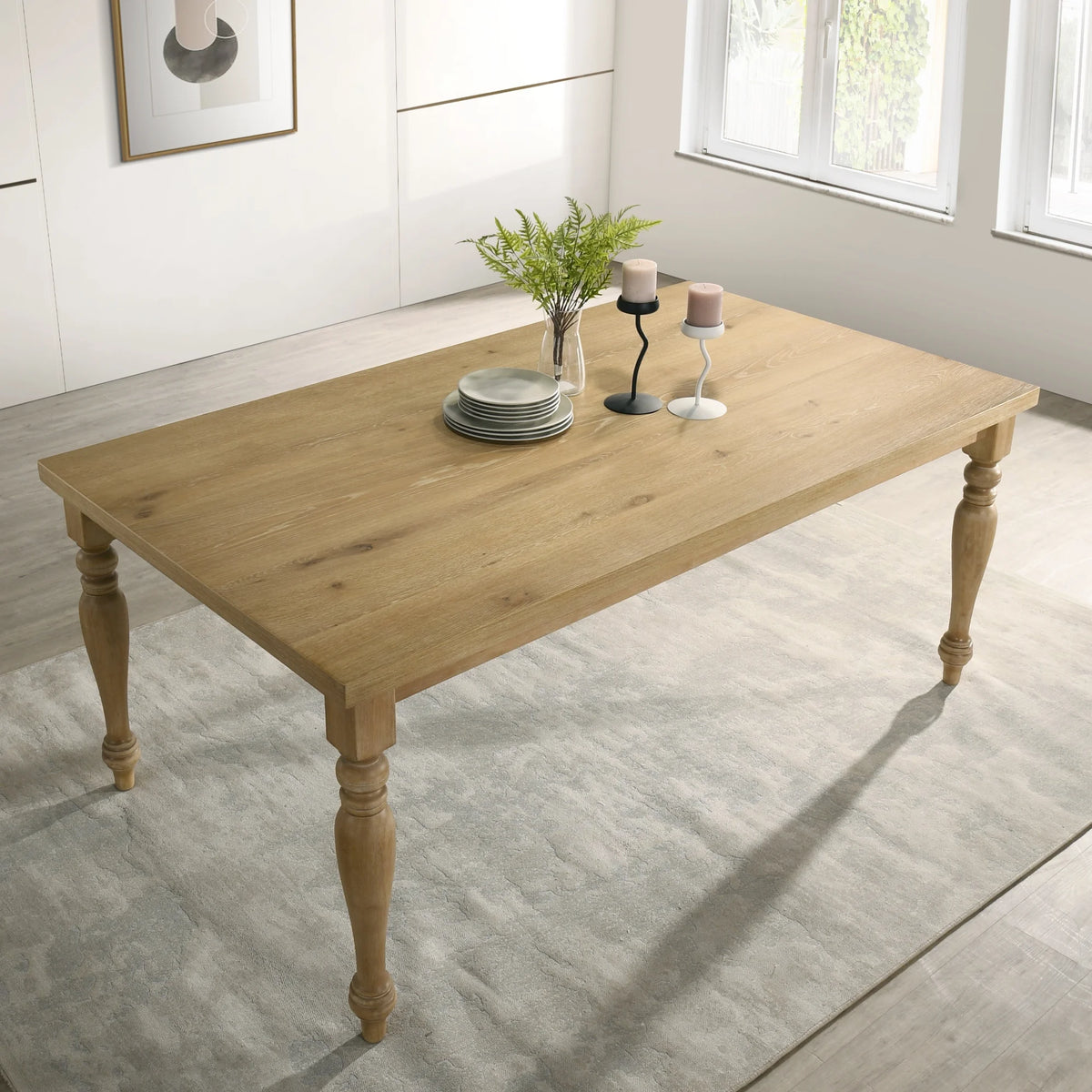 Roundhill Furniture Verta Solid Wood Leg Dining Table with Oak Veneer Top and Turned Legs
