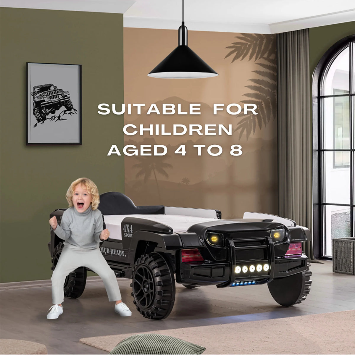 Furniture of America Terra Kids Plastic Twin SUV Bed with LED and Sound, Black
