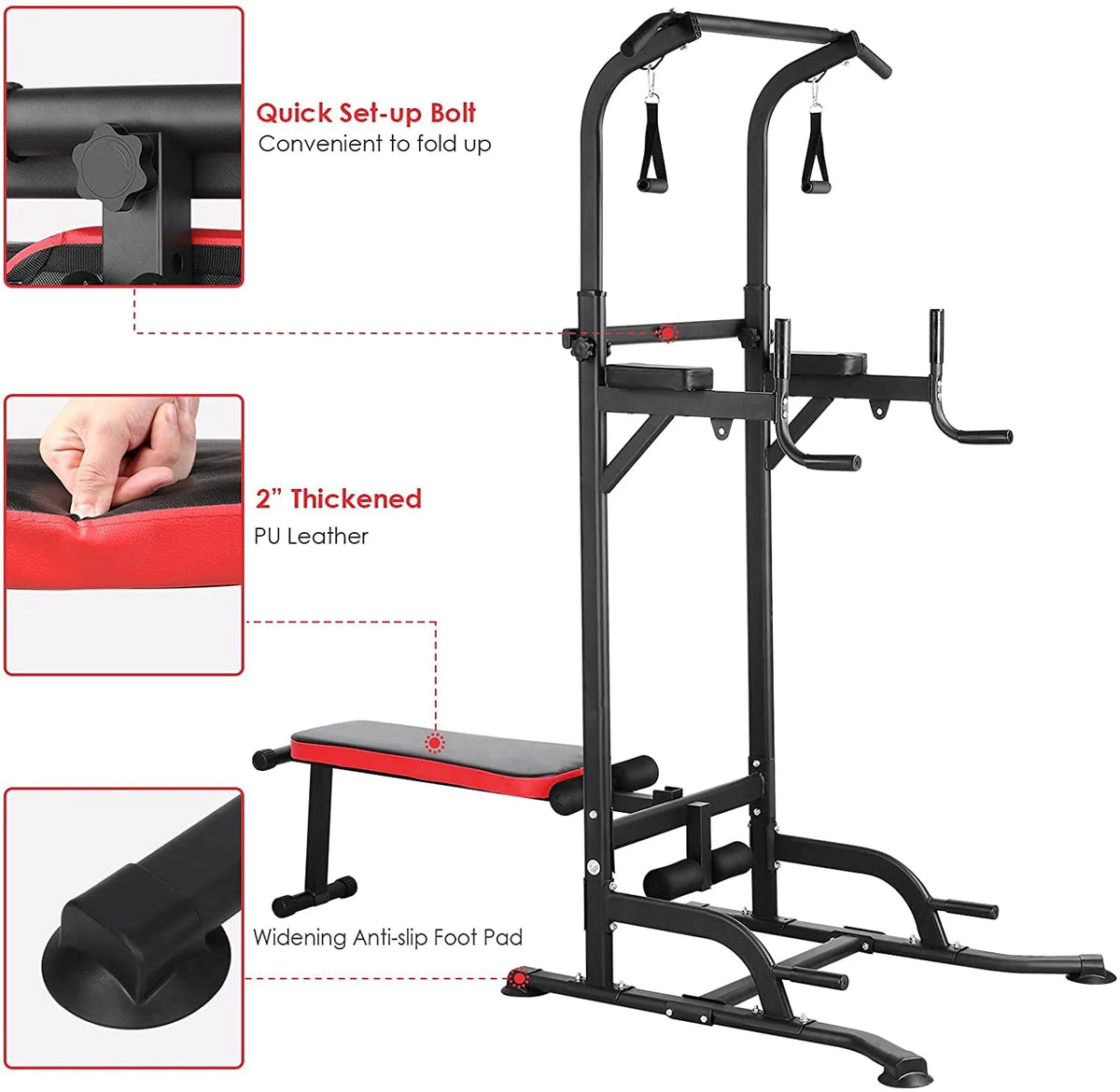 HOMFY Power Tower w/Sit Up Bench, Multifunction Dip Pull Up Bar Station, Heavy Duty Steel Frame w/Pull Rope 400lb