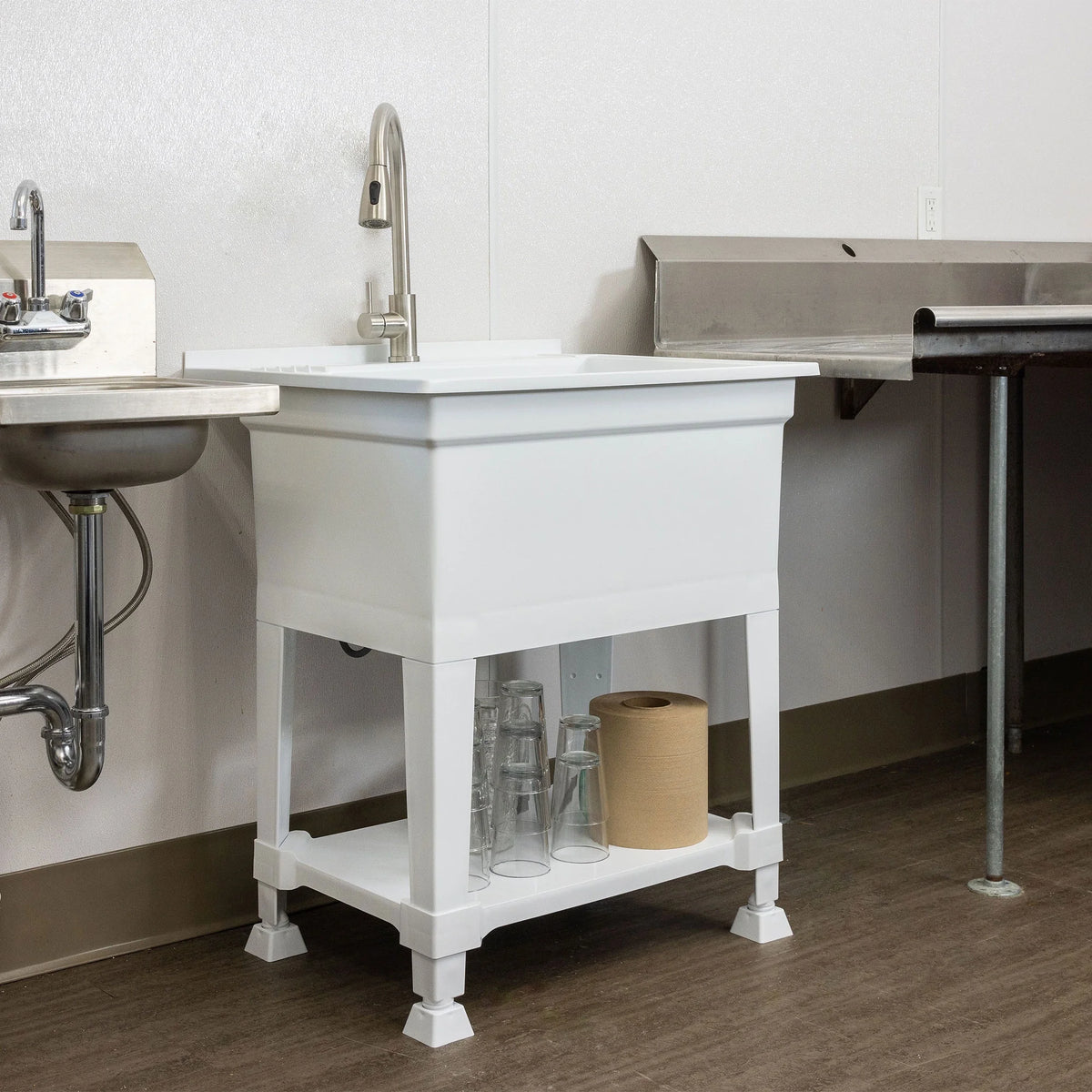 Open Box UTILITYSINKS Plastic 30�?Freestanding Utility Sink w/ Pull Faucet, Wht
