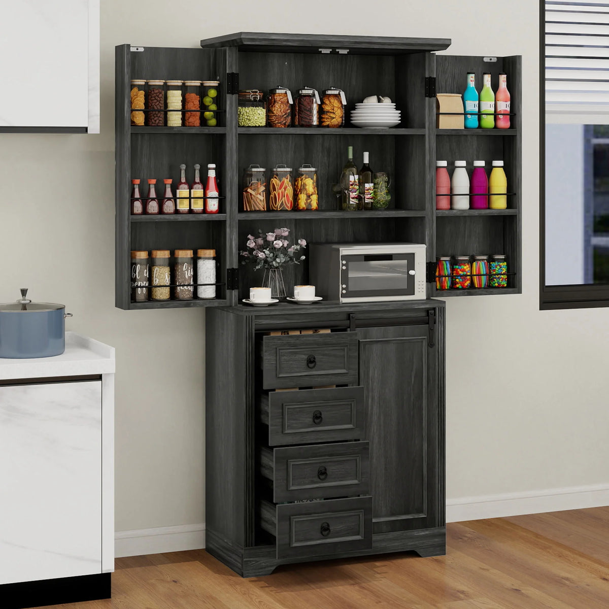 Uforic Pantry Storage Cabinet with Doors & Drawers, Kitchen Cabinet with Shelves, White