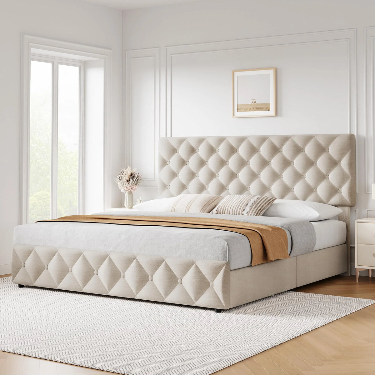 TROPOW Full Size Bed Frame,with 4 Storage Drawers and Adjustable Headboard, Linen Upholstered Platform Bed Frame, Diamond Stitched Button Tufted, No Box Spring Needed,White