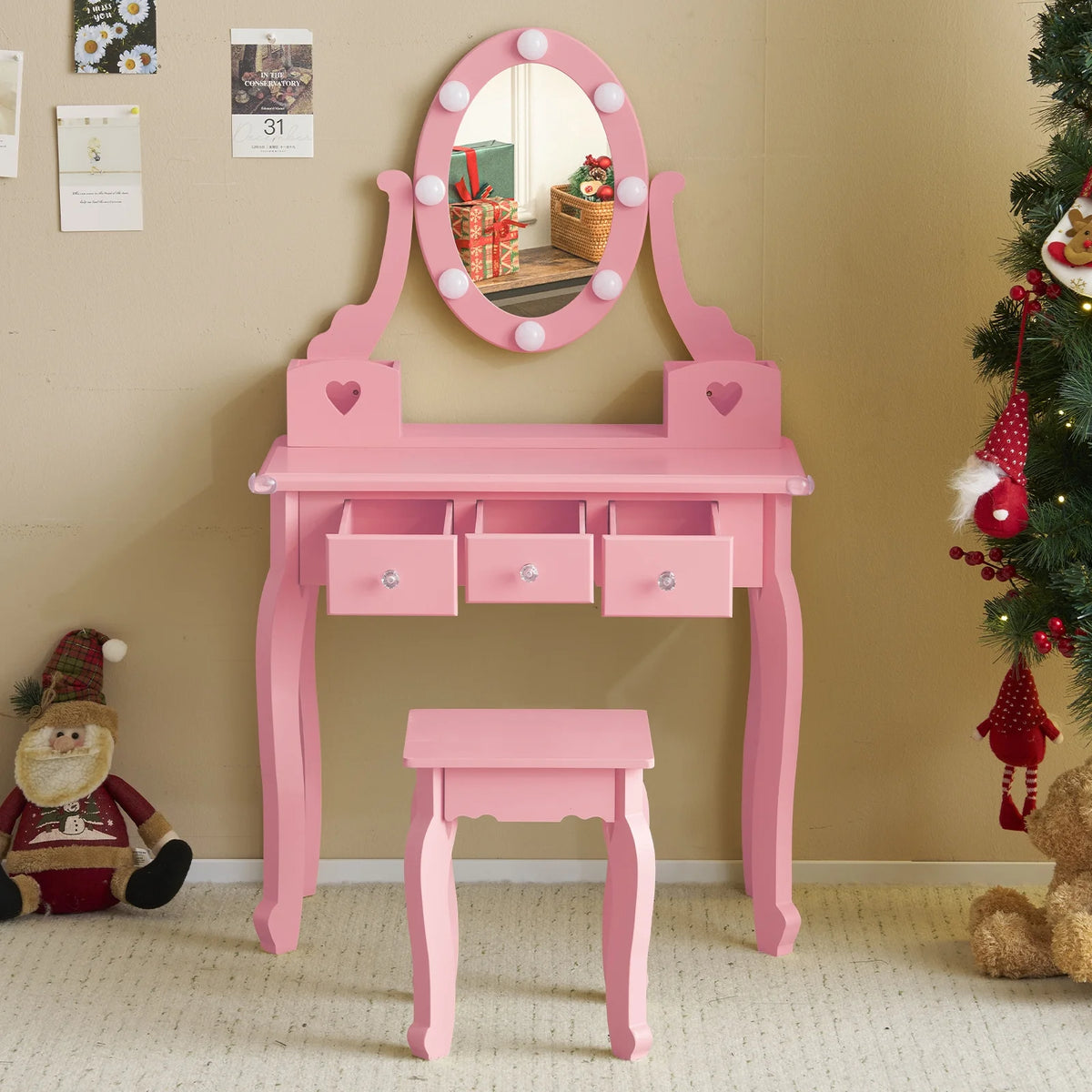 Zimtown Kids' Vanity Set with 3-Color LED Lighted Mirror Makeup Table with Matching Stool, Purple