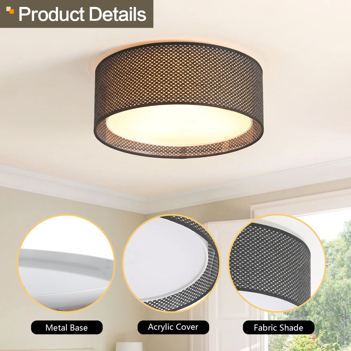 LEDET 15.7 in. Yellow Flush Mount Ceiling Light Rattan Weaving Shade Home Decor Pendant Lighting