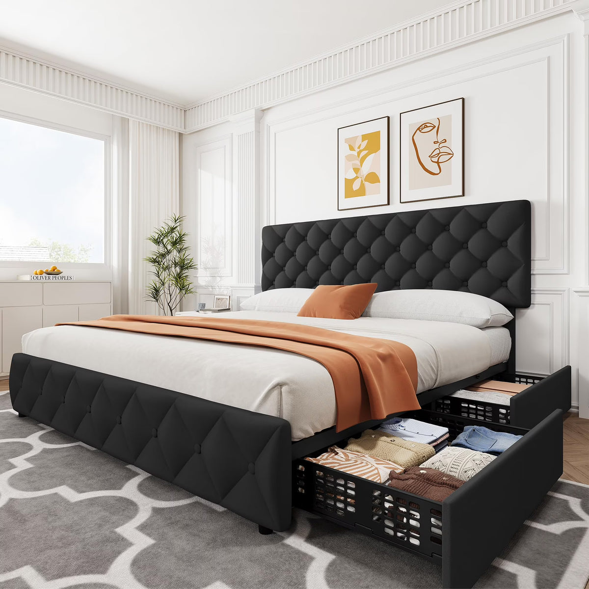 TROPOW Full Size Bed Frame,with 4 Storage Drawers and Adjustable Headboard, Linen Upholstered Platform Bed Frame, Diamond Stitched Button Tufted, No Box Spring Needed,White