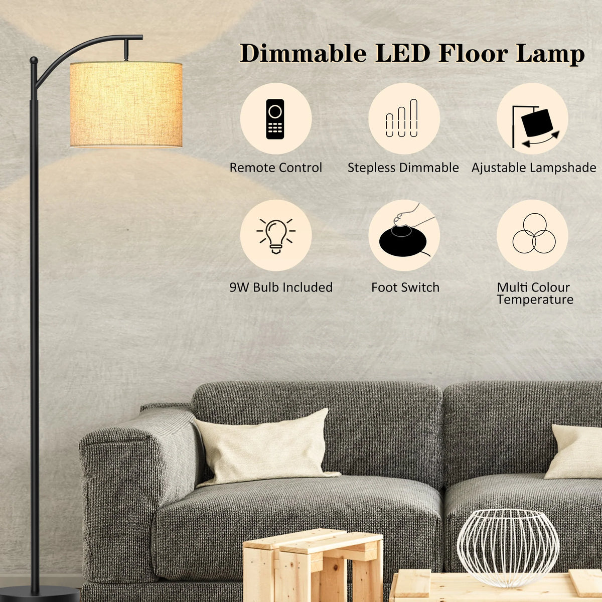 Pazzo Metal Arc Floor Lamp with Remote Control & Stepless Dimmable Bulb, for Living Room, Bedroom, Black