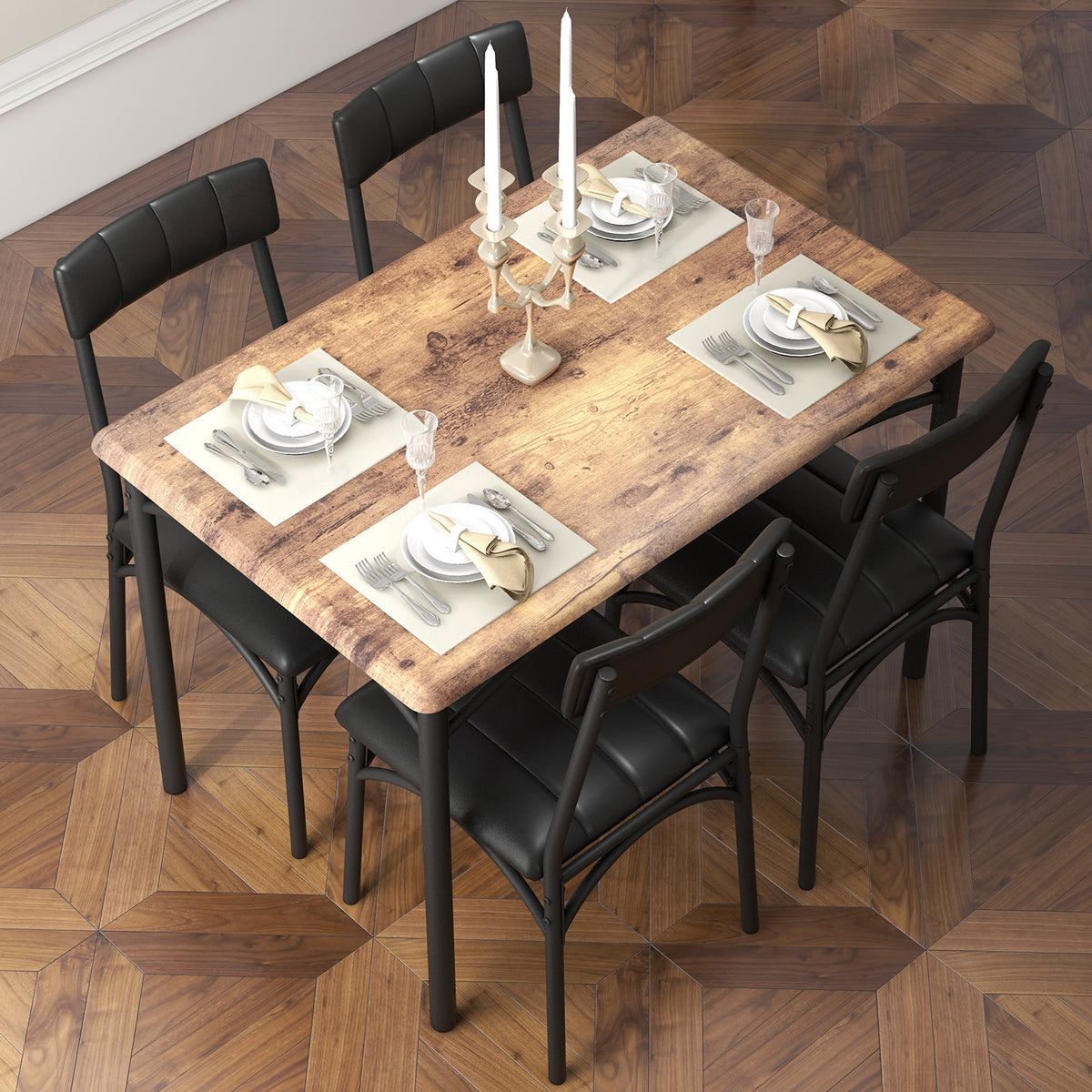 Zzistar 5 Piece Dining Table and Chairs Set, Wood Rectangular Dining Table with 4 Upholstered Chairs