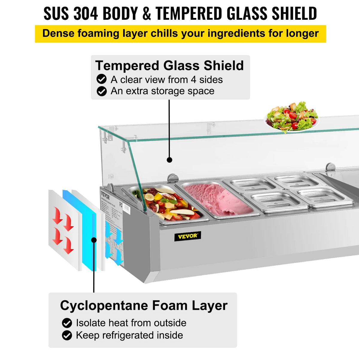 Refrigerated Condiment Prep Station, 48-inch, 10.8Qt Sandwich / Salad Prep Table w/ 3 1/3 Pans & 4 1/6 Pans, 146W Salad Bar w/ 304 Stainless Body Tempered Glass Shield Digital Panel Auto Defrost