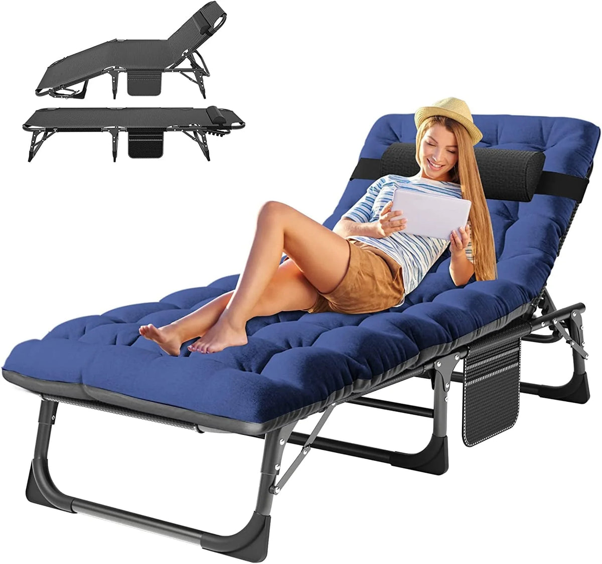 ABORON Folding Camping Cot with 2-Sided Pad & Pillow for Adults & Kids, Adjustable 5-Position Folding Lounge Chair, Folding Cot, Sleeping Cots Bed