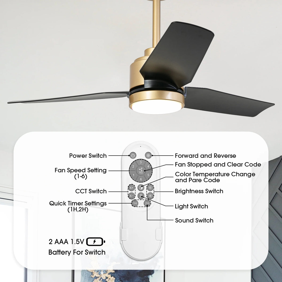 42" Modern Gold Dimmable Ceiling Fan DC Motor Indoor 3-blade LED Ceiling Fan with Remote