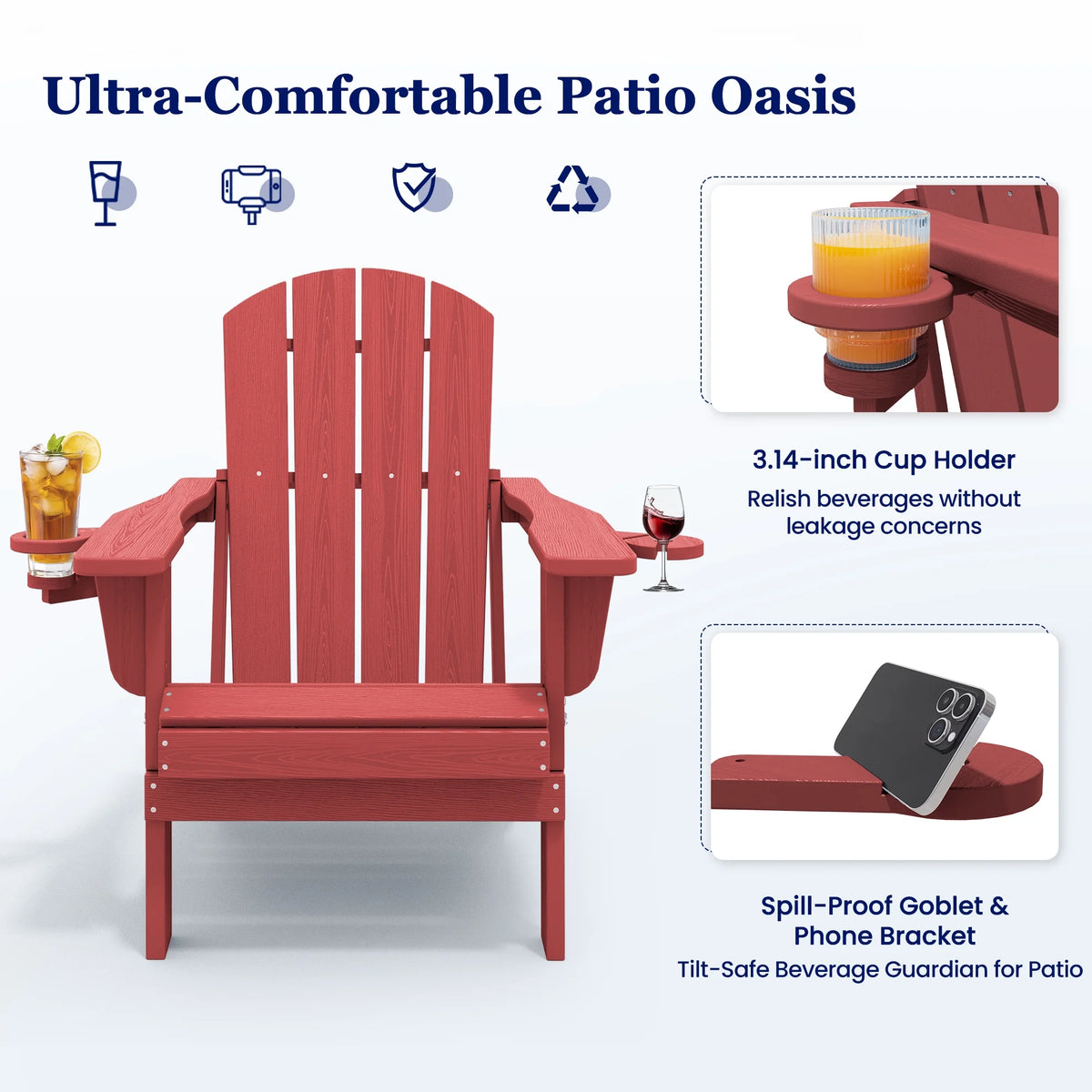 SERWALL Folding Adirondack Chair Set with Dual Cup Holders & Phone Holder, All-Weather HDPE Fire Pit Chairs for Outdoor, Patio, Poolside, Garden - Black