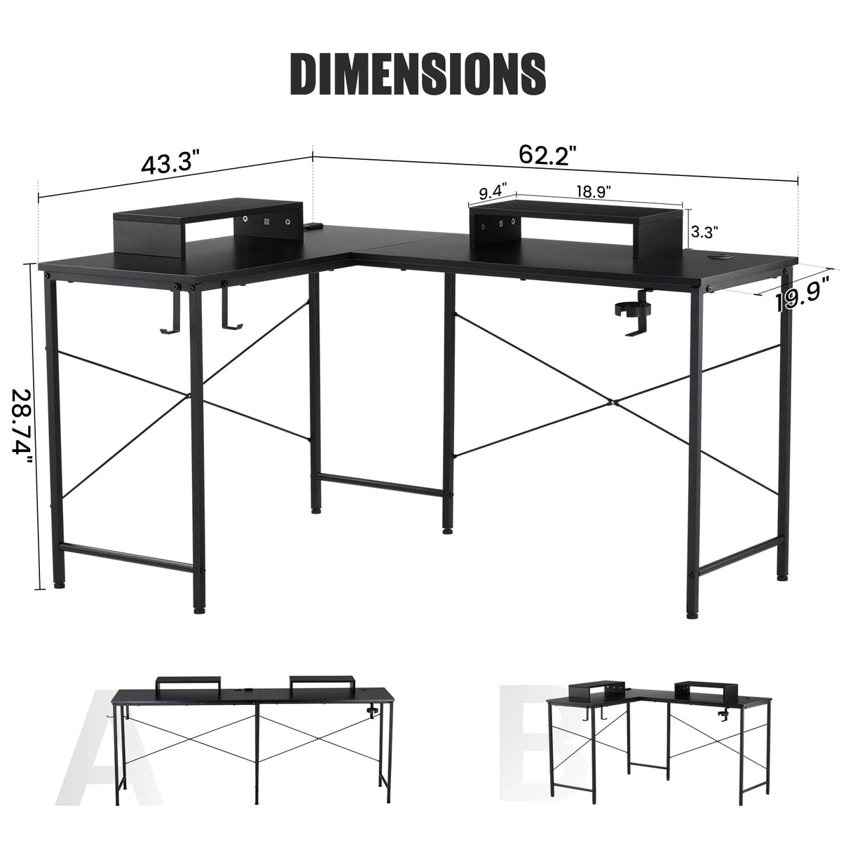GTRACING L-Shaped Gaming Desk with RGB Light and Removable Storage Stands, Black