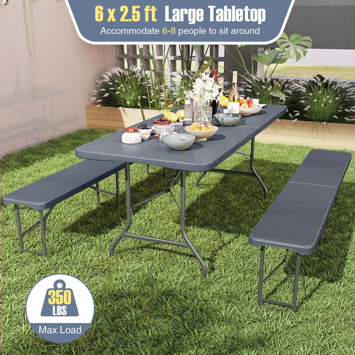 Costway 6 ft Portable Folding Table with Wood Grain HDPE Tabletop Safe Lock Mechanism Gray