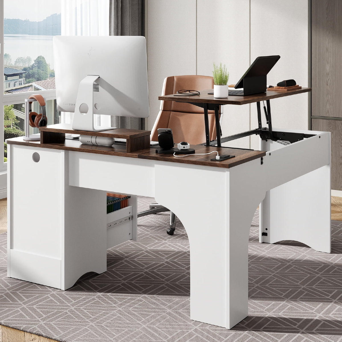 Bestier 55" L-shaped Computer PC Desk Lift Top with Power Outlets Storage Drawers and Monitor Stand, Log