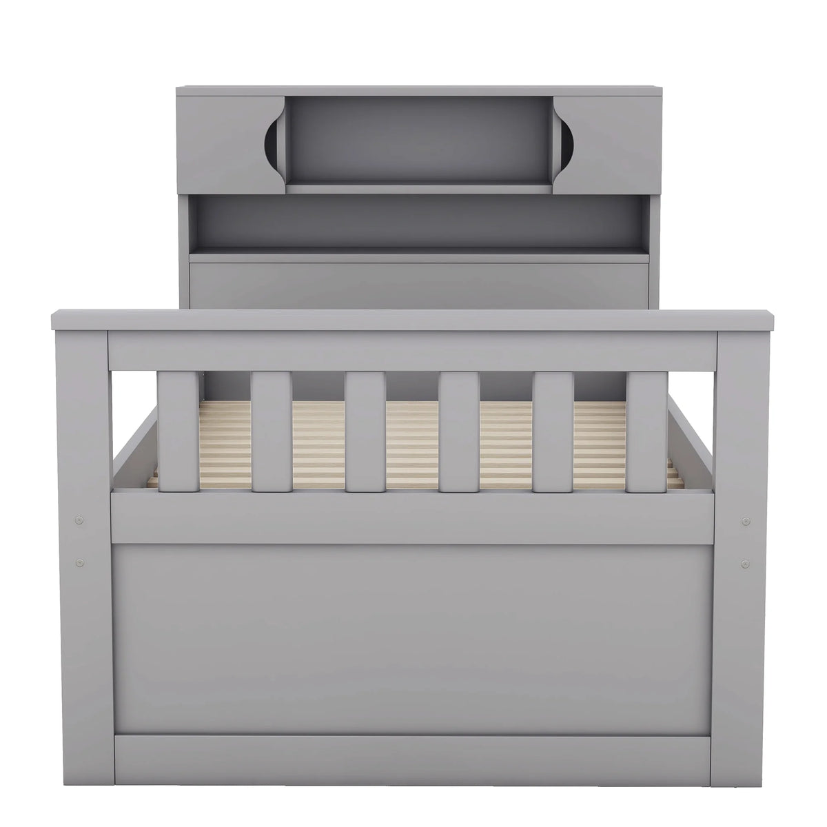 Euroco Wood Twin Size Platform Bed with Storage Headboard, Captain Bed with 4 Drawers, Bookcase and Cabinets, Gray
