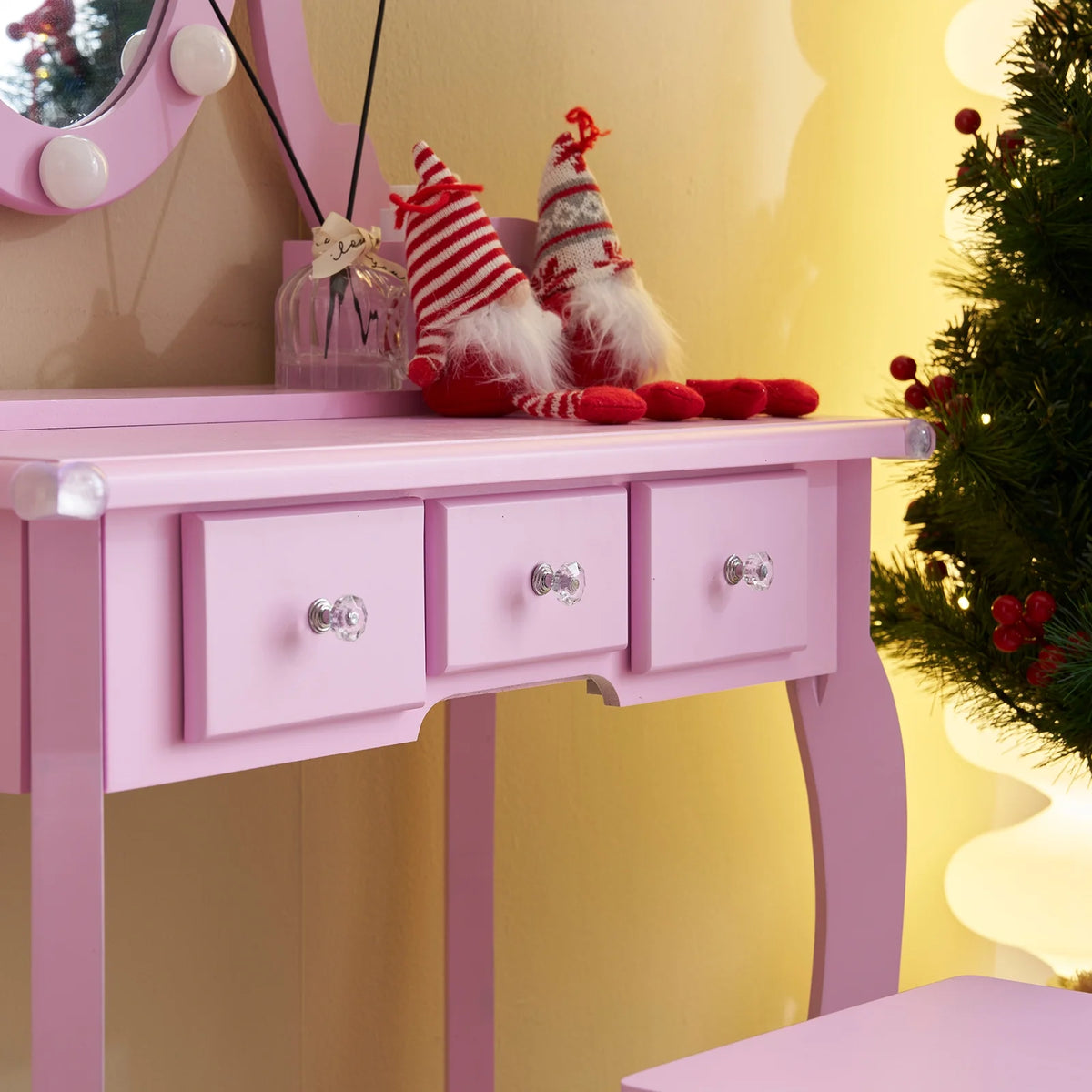 Zimtown Kids' Vanity Set with 3-Color LED Lighted Mirror Makeup Table with Matching Stool, Purple