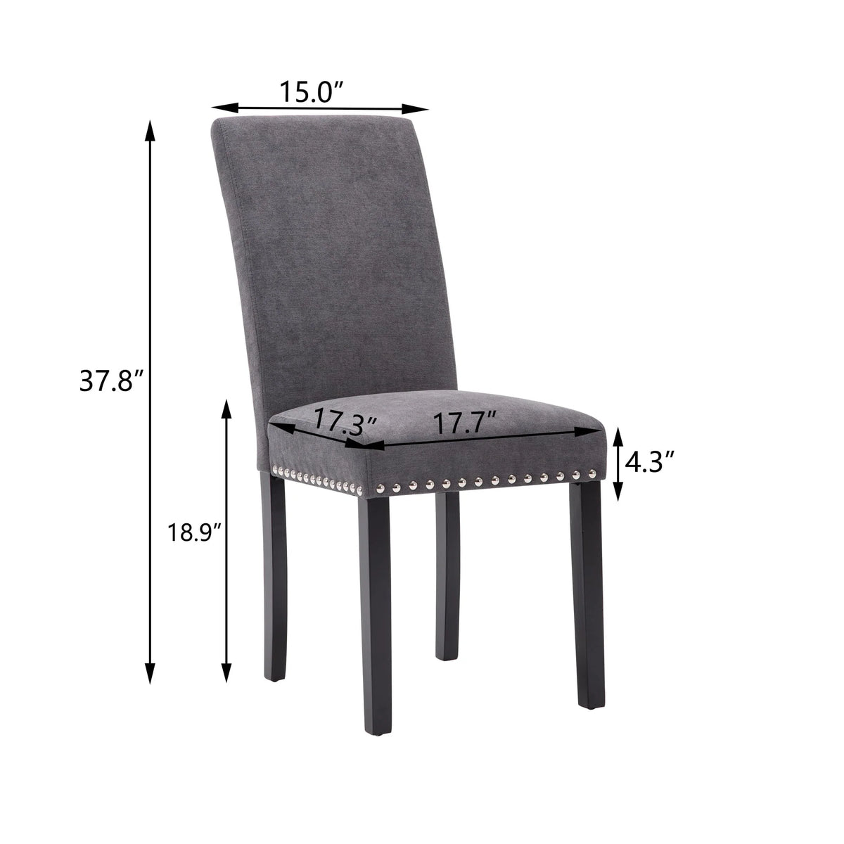 Fabric Upholstered Dining Chair with Silver Nailhead Trim in Gray, Set of 2