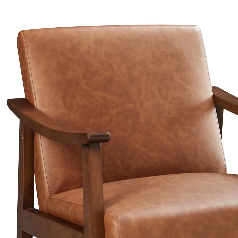 Yaheetech Mid-Century Upholstered Faux Leather Armchair with Solid Wood Legs,Brown