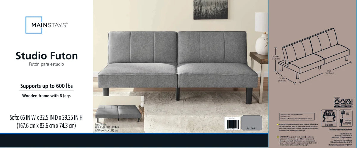 Mainstays 66" Studio Futon, Gray Linen Upholstery