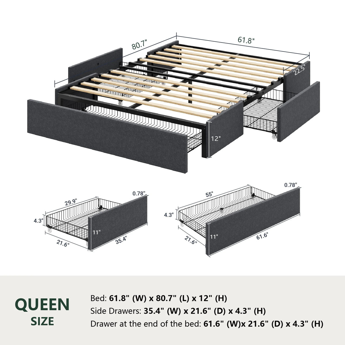 Amolife Queen Size Upholstered Platform Bed Frame with 3 Storage Drawers and Wooden Slats, Dark Grey