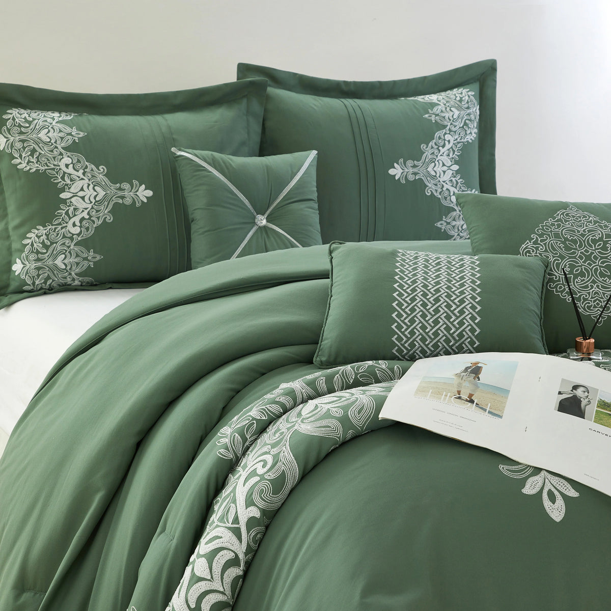 Lanco Taupe Damask Patchwork Queen Size Comforter Set, 7 Piece, Chain Stitching Embroidery Ultra Soft, Premium Microfiber, All Season
