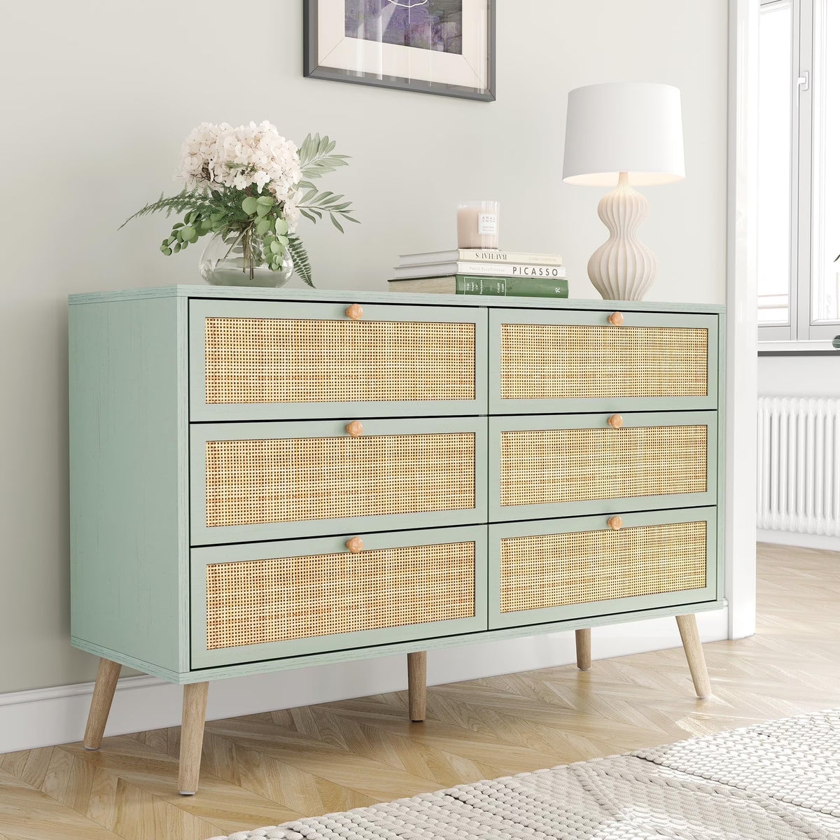 Brafabhome Rattan 6 Drawers Dresser for Bedroom, Vintage Boho Double Dresser Wicker Chest with Wooden Legs for Living Room Hallway| Mint