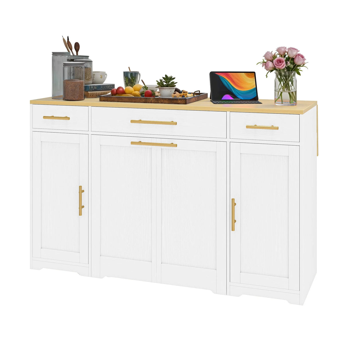 DEXTRUS Kitchen Island Table with Drawers & Doors, Storage Cart with Cabinet for Double 10-gal Trash Bin, White