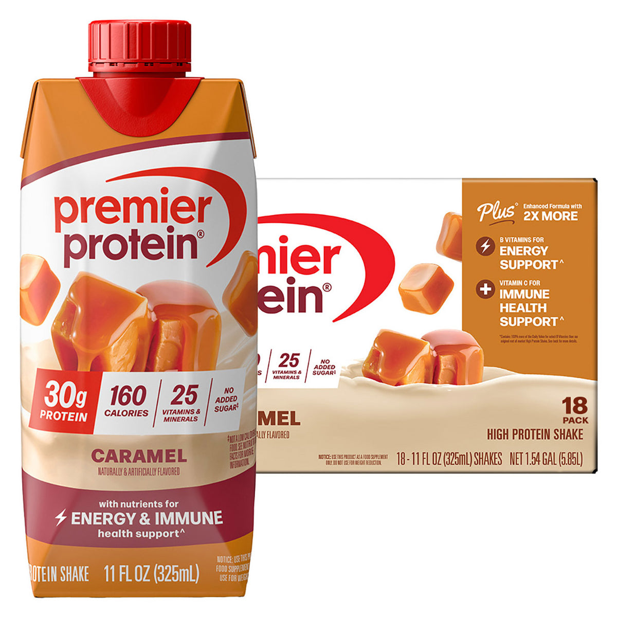 Premier 30g Protein PLUS Energy and Immune Support Shakes, Caramel, 11 fl oz, 18-pack