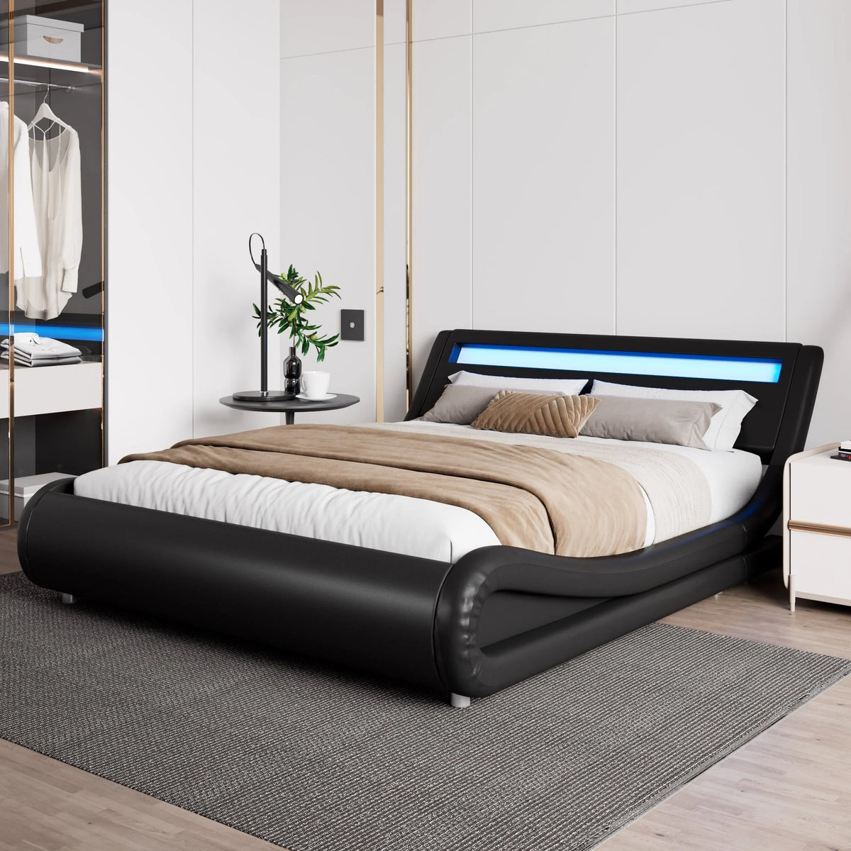 Amolife Queen Size Wave-Like Curve Deluxe Upholstered Modern Bed Frame with LED Headboard,Black