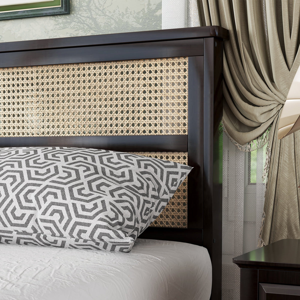 Miniyam Wood Queen Size Bed with with Rattan Headboard for Adult, Brown