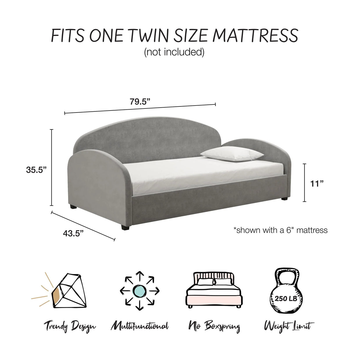 Mr. Kate Moon Upholstered Daybed Frame, Twin, Light Gray Velvet