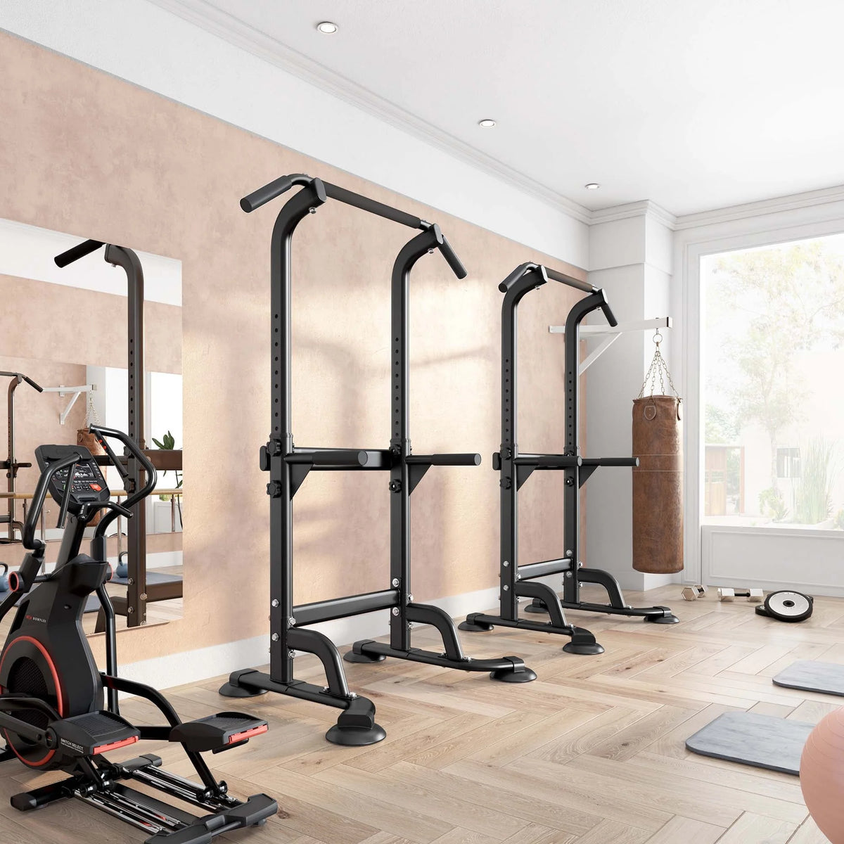 Wellynap Power Tower Pull up Bar, Strength Training Workout Equipment with Adjustable Height High Stability - Black