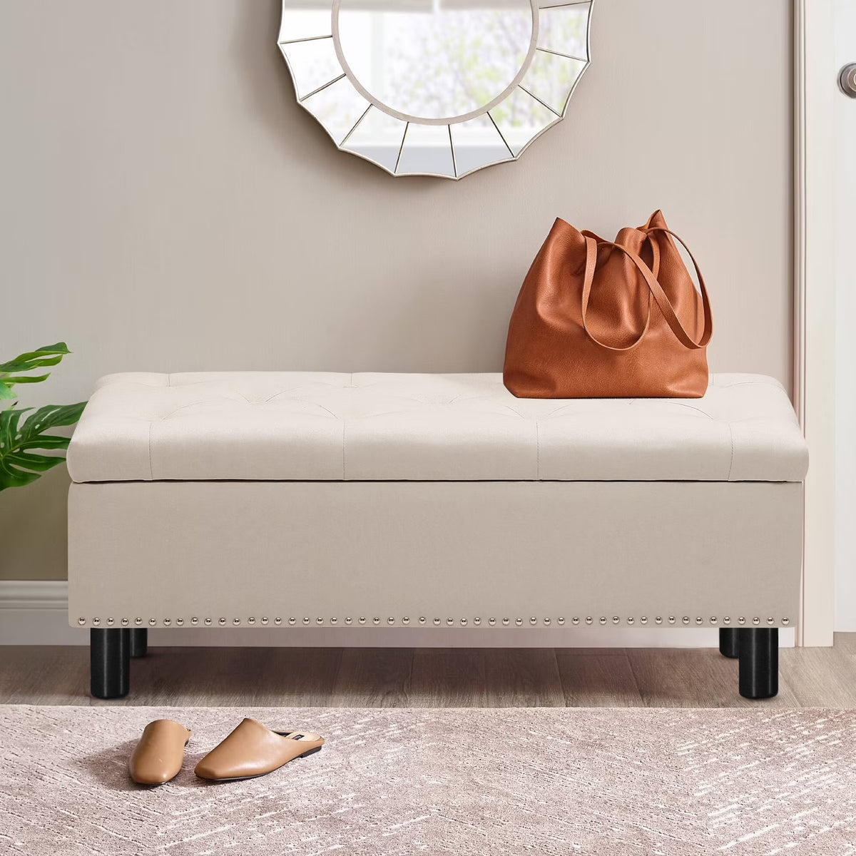 Furniliving Modern Upholstered Button Tufted Storage Ottoman Entryway Bench, Ivory
