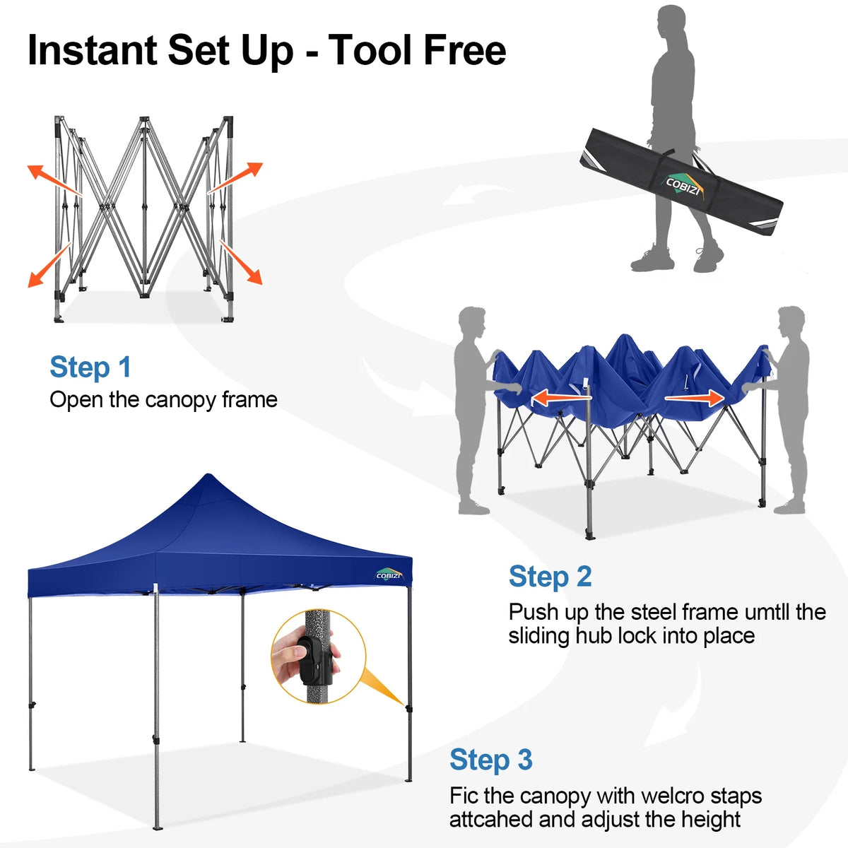 COBIZI 10x10 Heavy Duty Pop-up Canopy Tent for Outside, UPF 50+ Waterproof and Instant Outdoor Shelter, Outdoor Canopy for Beach,Party,Camping with Rope,Stake and Carrying Bag,White(Frame Thickened)