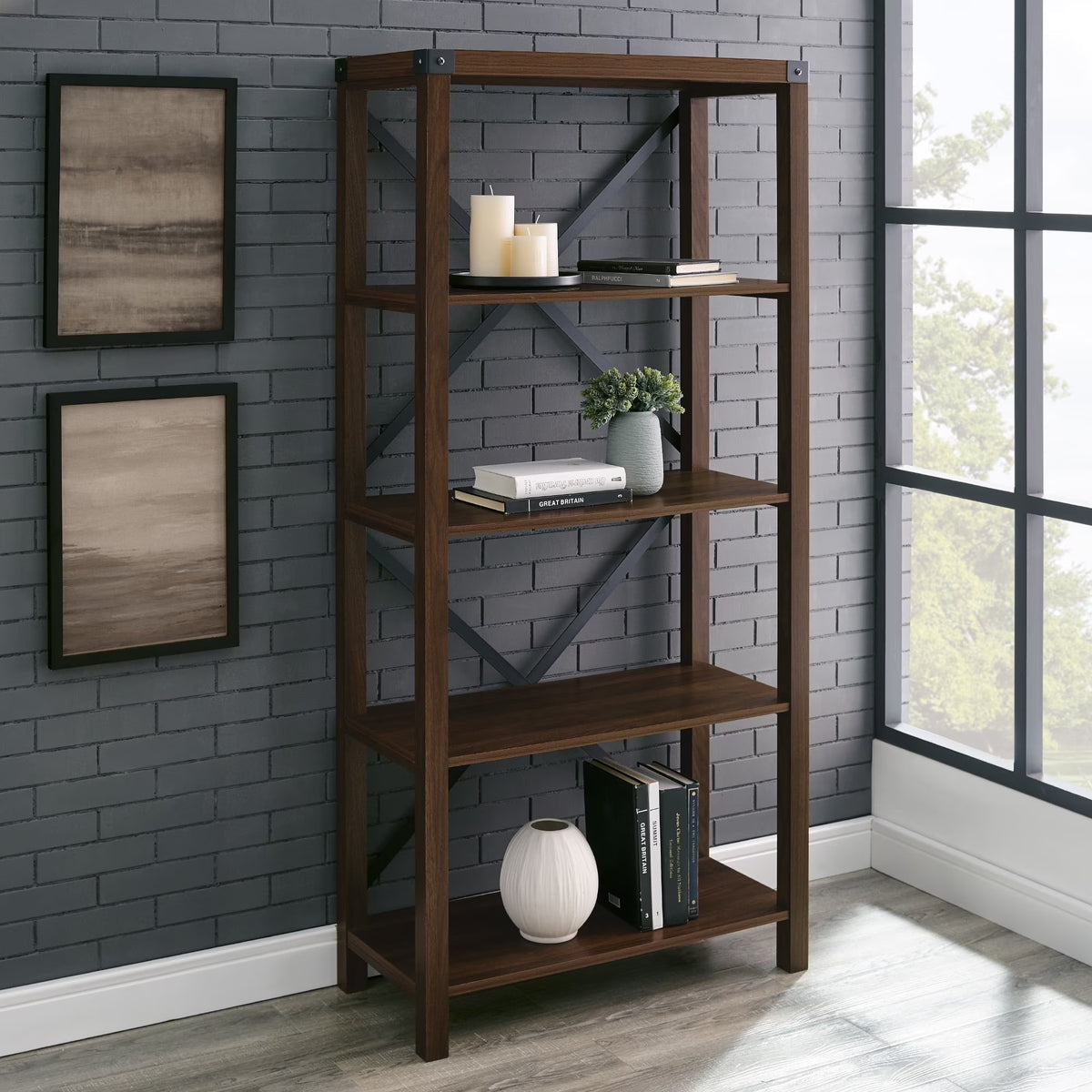 Walker Edison Rustic Industrial 4-Shelf Bookcase, Dark Walnut