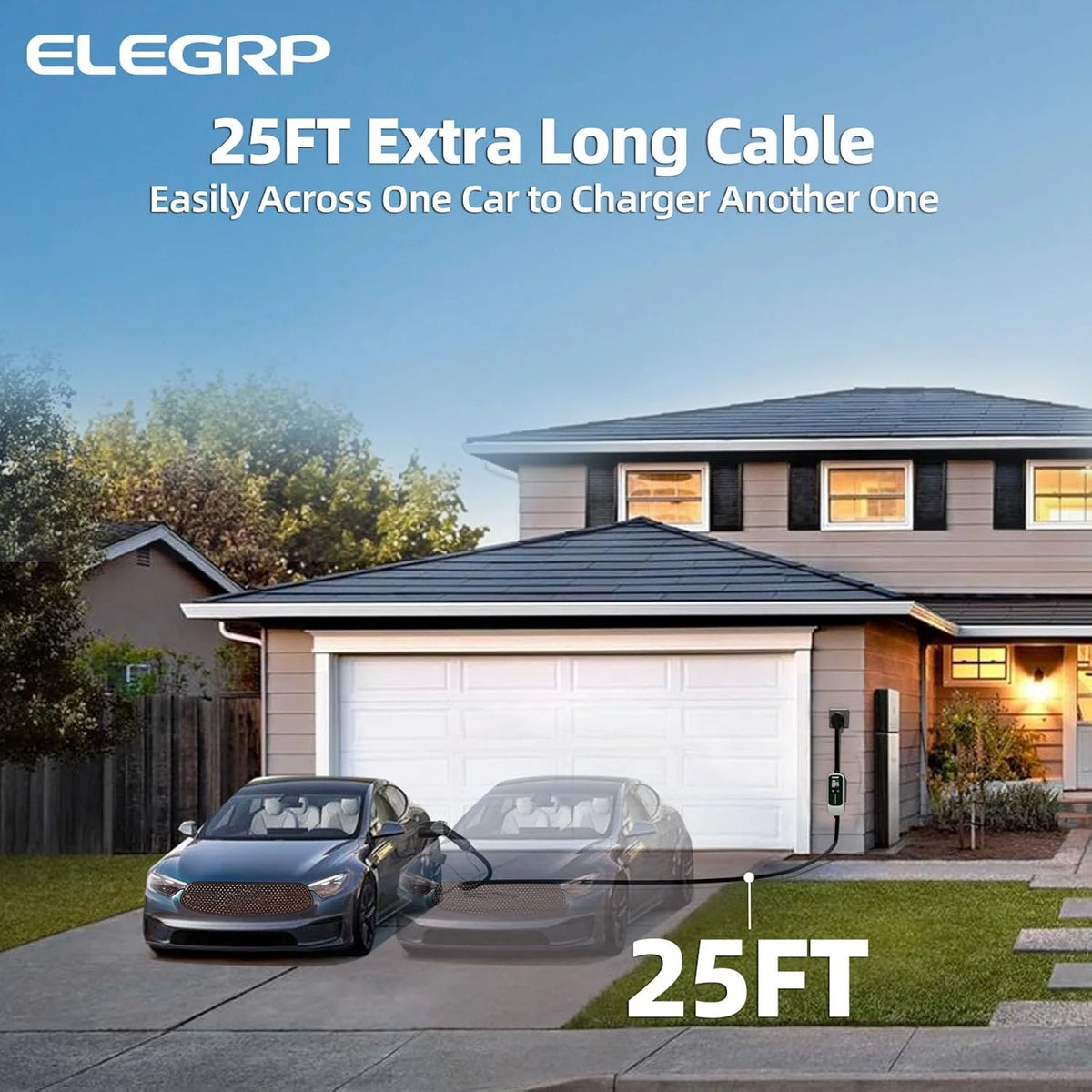 ELEGRP Portable Electric Vehicle Charger Level 2, EV Charger 240V 40A for BEVs/PHEVs，PBE & LCD TH, 25ft Cable W/NEMA 14-50 Plug, 1PC