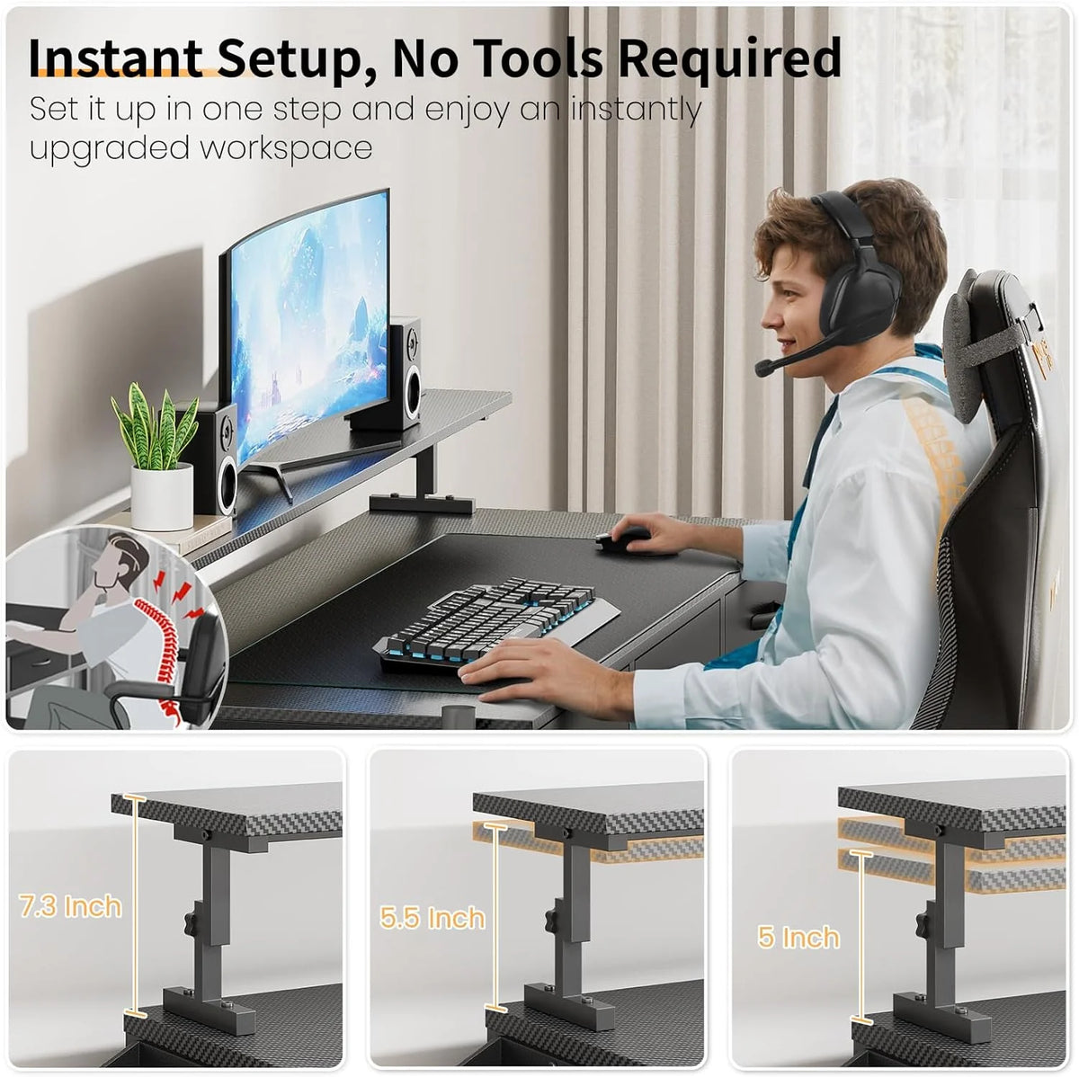 Upgo 55" Gaming Desk with Adjustable Storage Rack & LED Lights, Power Outlets for Adult and Teen
