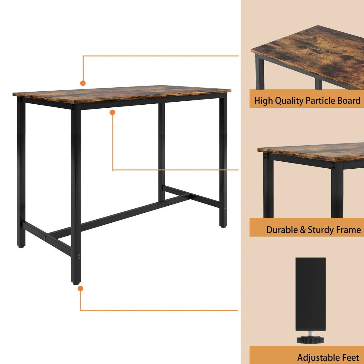 SYNGAR 5 Piece Bar Table Set, Modern Counter Height Dining Set, Home Dining Table and Chairs Set for 4, Kitchen Breakfast Table Set with 4 Cushioned Stools, Bistro Pub Table Set, Rustic Brown