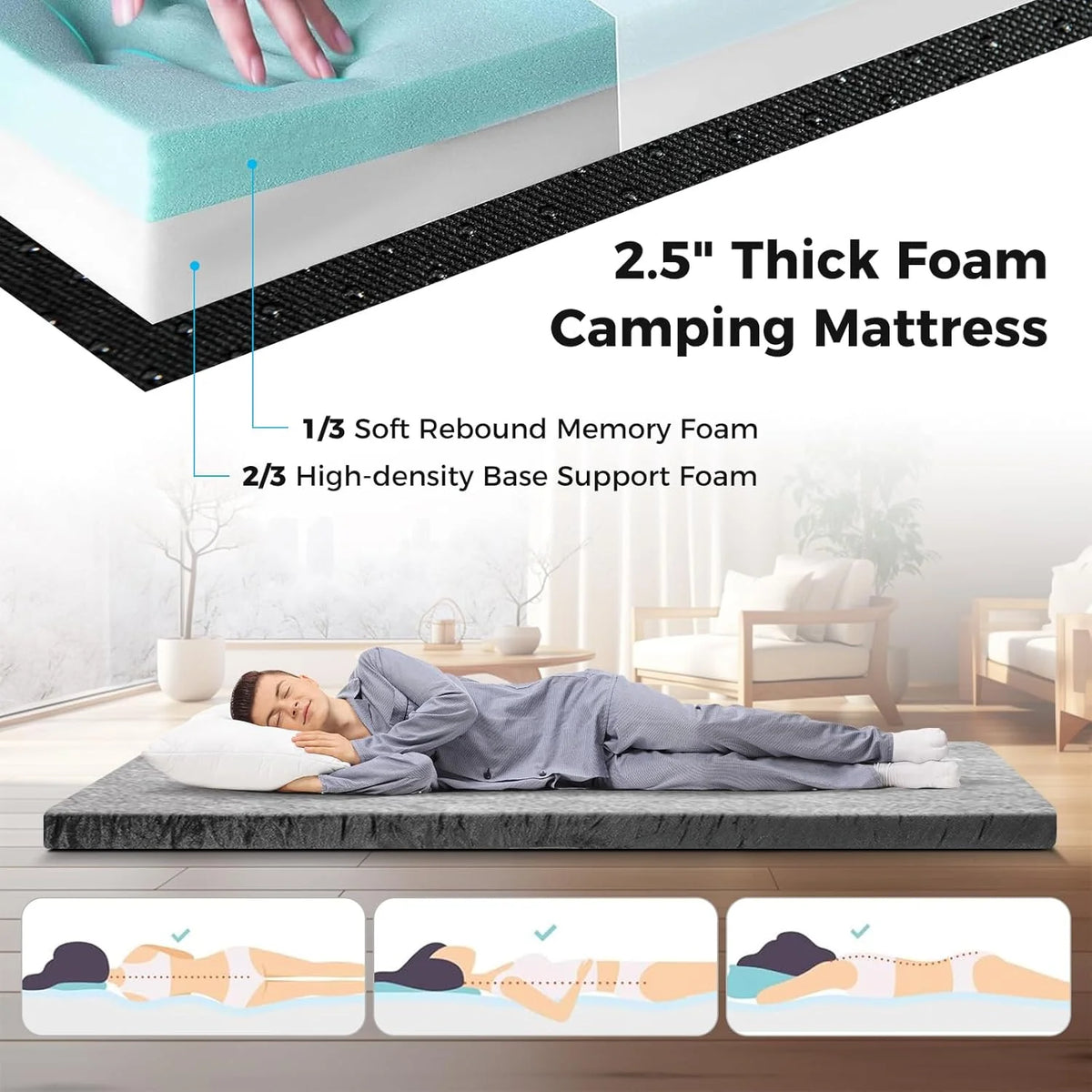 MarketLane Memory Foam Sleeping Pad, Roll Up Floor Mattress with Carry Bag, Non-Slip Bottom, Guest Floor Folding Bed for Sleepover, Portable Camping Mattress for Indoor Outdoor Travel Cot Tent，Grey