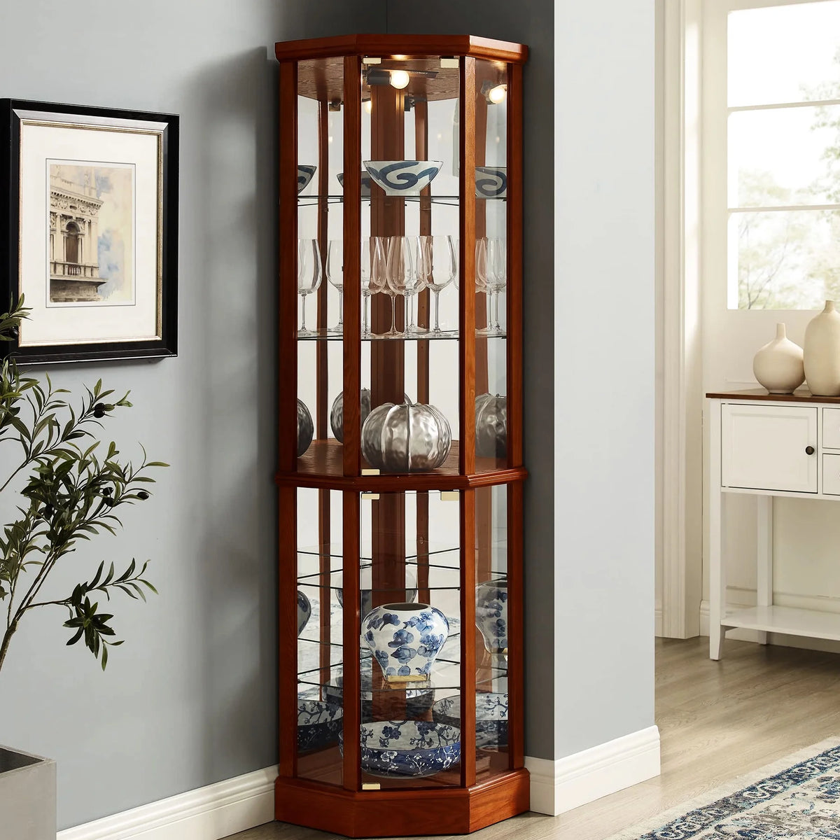 Walnut Cabinet With 6 Shelves, Adjustable Glass & Mirrored Back Design Shelf Lighted Corner Curio Shelves In