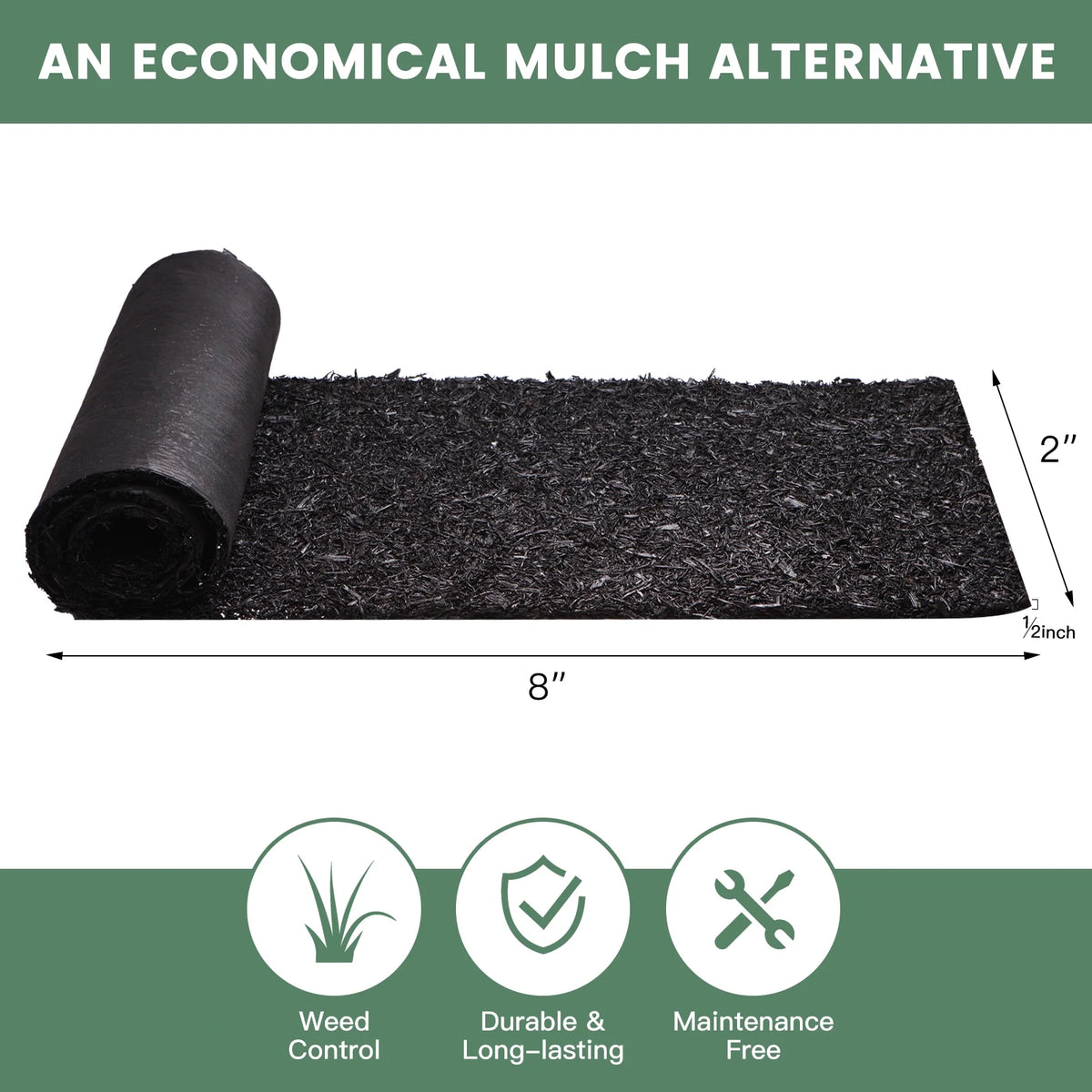 2 Pack Rubber Mulch Roll Mat for Landscaping Recycled Rubber Walkway Black Permanent Mulch Pathway Playground 8' x 2