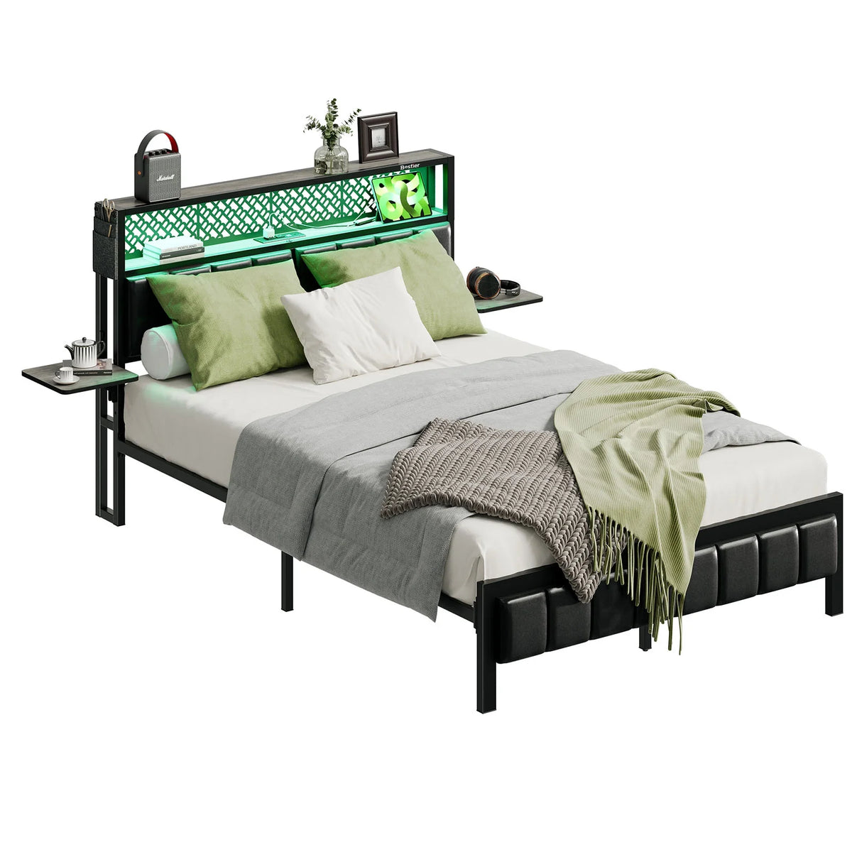 Bestier Queen Size Platform Bed Frame with Wood Foldable Bedside Shelves and LED Storage Headboard Charge Station, Gray