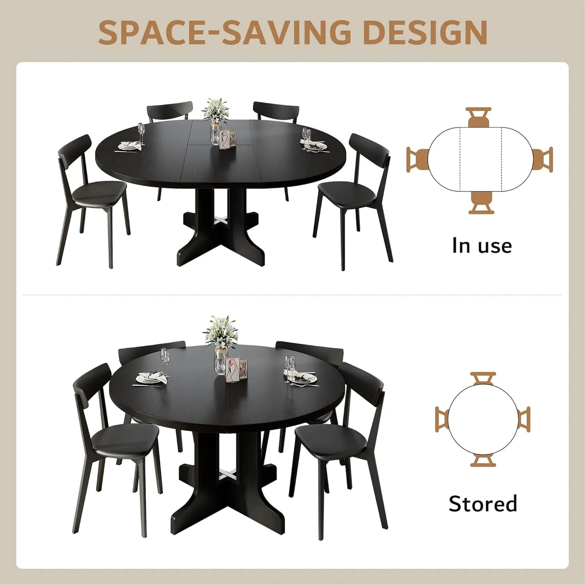 iPormis 59" Extendable Round Dining Table for 6, Modern Kitchen Table with Sturdy Wooden Base, Dining Room Table with Thickened MDF Board, Perfect for Small Space, Black