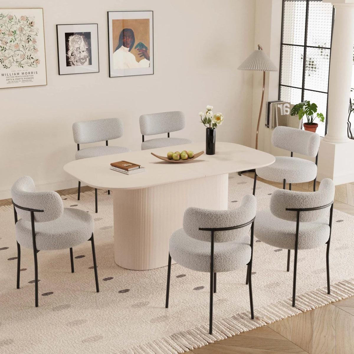 63 Inch Oval Dining Table Set with 6 Cushioned Chairs, Modern Wooden Dining Room Table Waterproof Scratch-Resistant Tabletop, Cream White for Family Gatherings