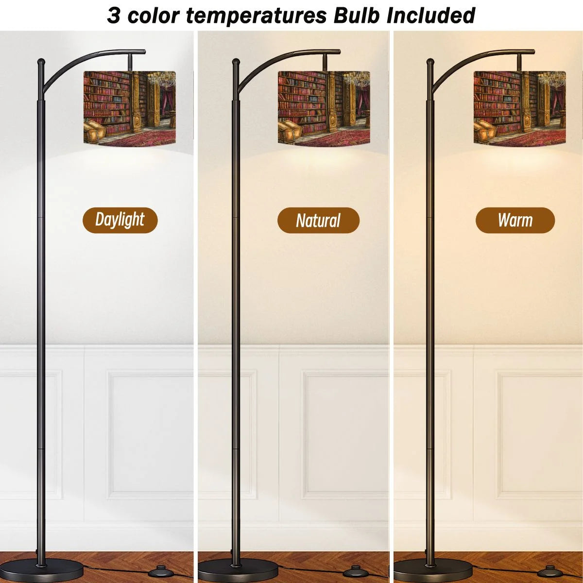 Arc Floor Lamps Surreal Bookshelf Dreamlike Sky Art Print Modern LED Adjustable Lampshade Standing Light for Living Room Reading Bedroom Office